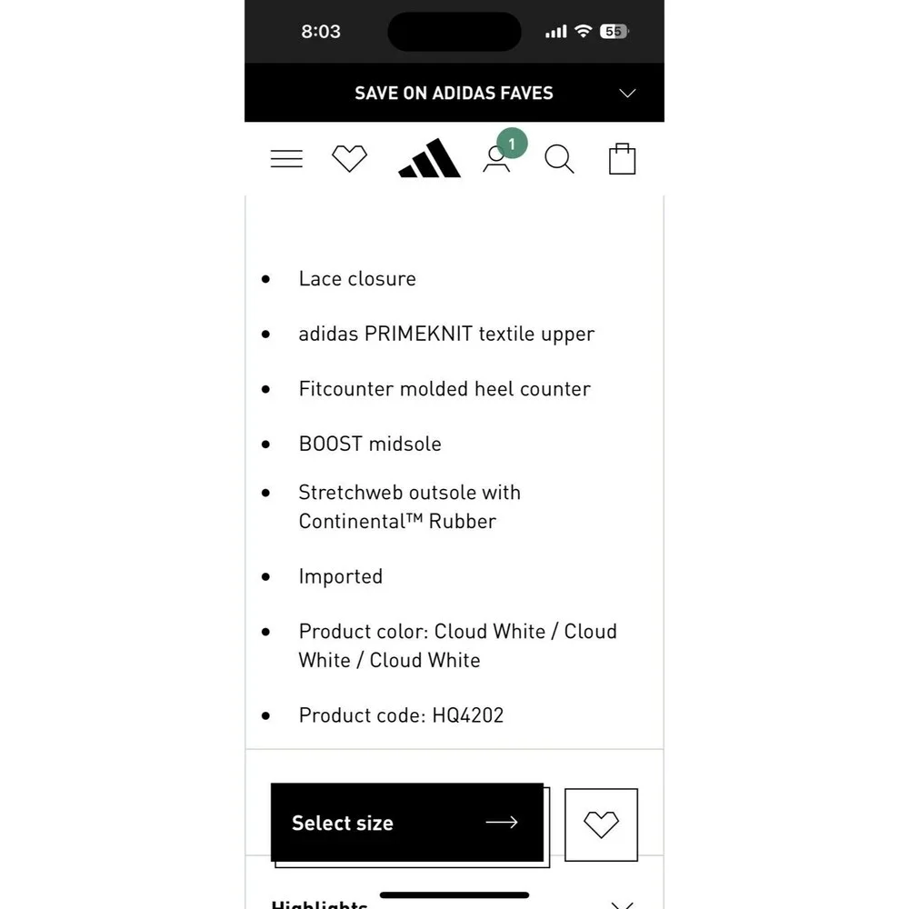 New Mens Adidas Ultraboost 1.0 Cloud white Shoes Size 7.5 Retail $180